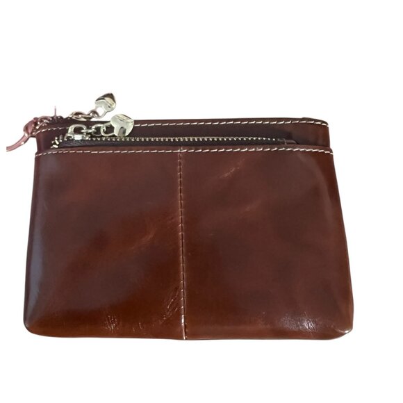 Small Brown Dual Zipper Leather Coin Purse With Gold Heart Zipper Pull - Picture 3 of 5